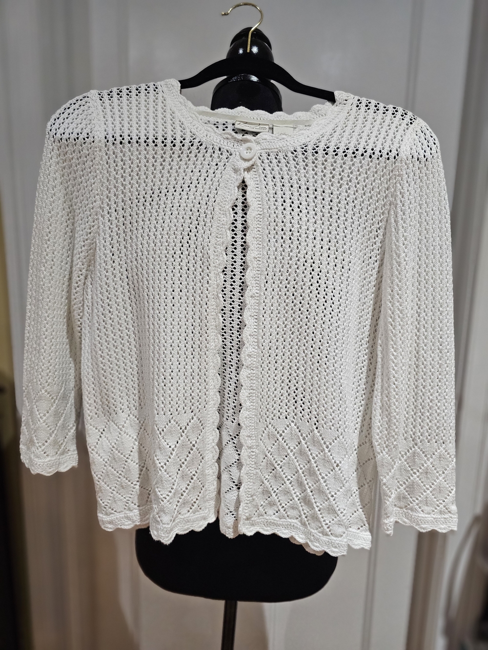 Kim Rogers White Open-Weave Single-Button Cardigan, NWOT